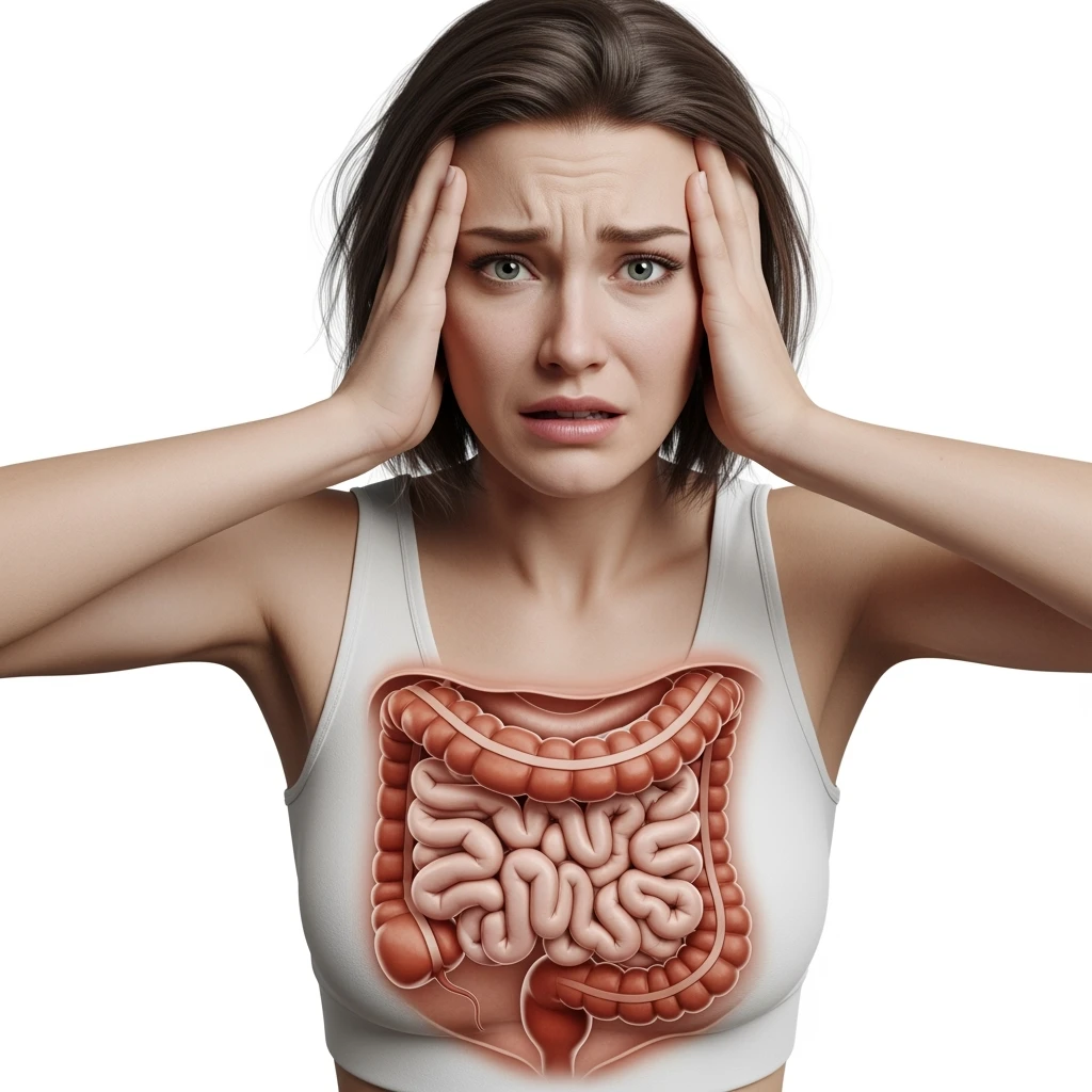 DONNA ANSIOSA CON INTESTINO UMANO ANATOMICO REALISTICO VISIBILE, SI TIENE LE MANI SULLE TEMPIE, iperrealistico 4k, SFONDO BIANCO emoji