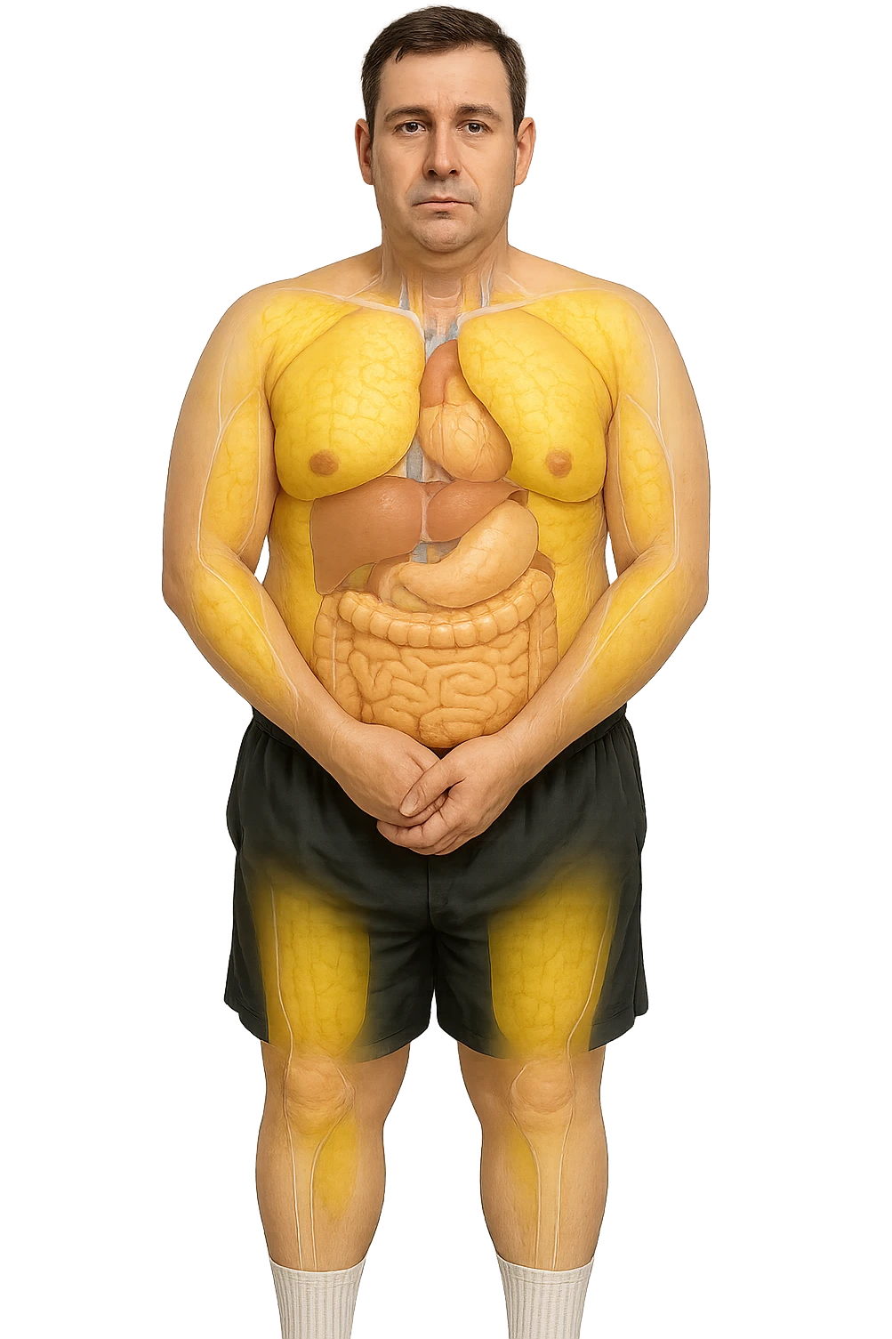 a middle-aged man stands in a clinical setting, with semi-transparent overlays highlighting areas of excess body fat accumulation—such as the abdomen, chest, and thighs. The fat tissue is shown in yellow, contrasting with underlying muscles and organs. The man’s expression is neutral, and the background is clean and modern, emphasizing the educational aspect. senza scritte emoji