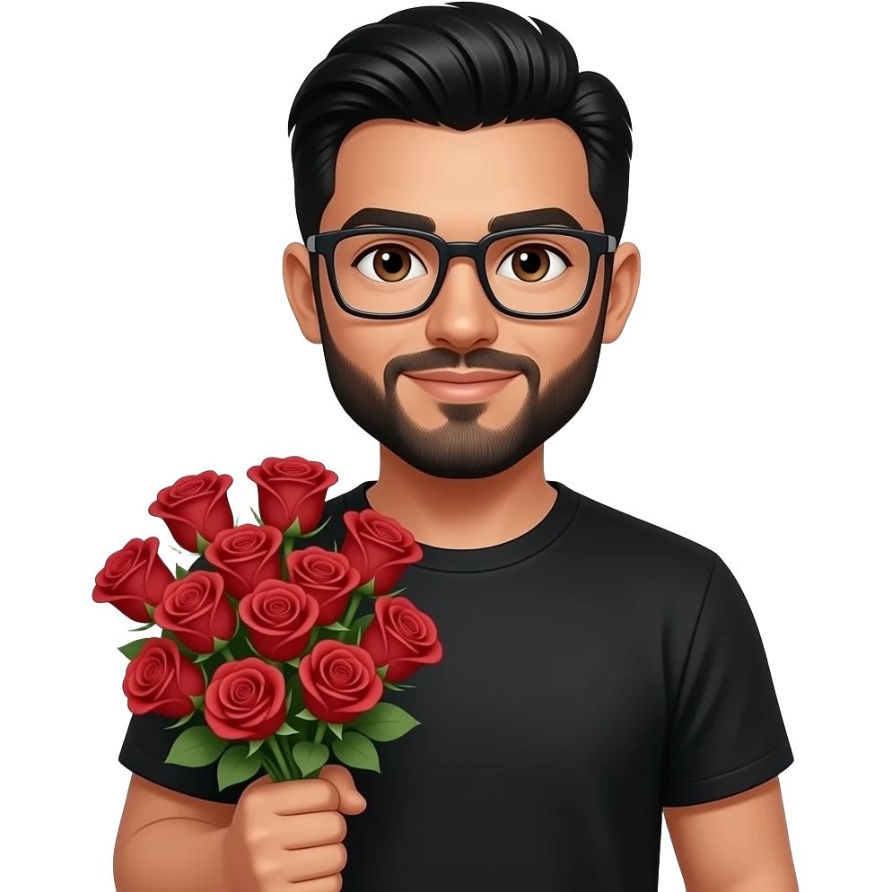 black slick back hair, tan skin, black beard, with squar glasses, brown eyes, black tee shirt, with a dozen roses in hand emoji