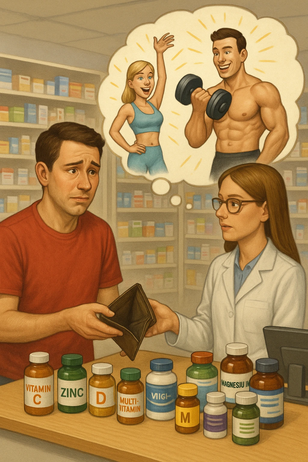 a man stands at a pharmacy counter, handing over a nearly empty wallet to the cashier while the counter is filled with bottles of supplements and vitamins. His expression is hopeful but slightly anxious. In the background, a thought bubble shows exaggerated images of instant health and fitness, symbolizing unrealistic expectations.  emoji