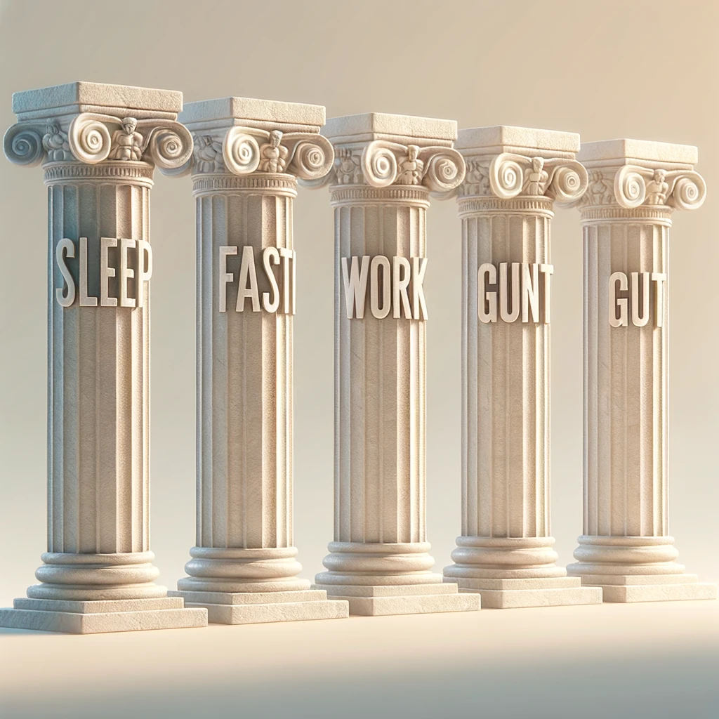 5 pilastri con le scritte "SONNO", "DIGIUNO", "ALLENAMENTO", "INTESTINO", SFONDO CHIARO emoji