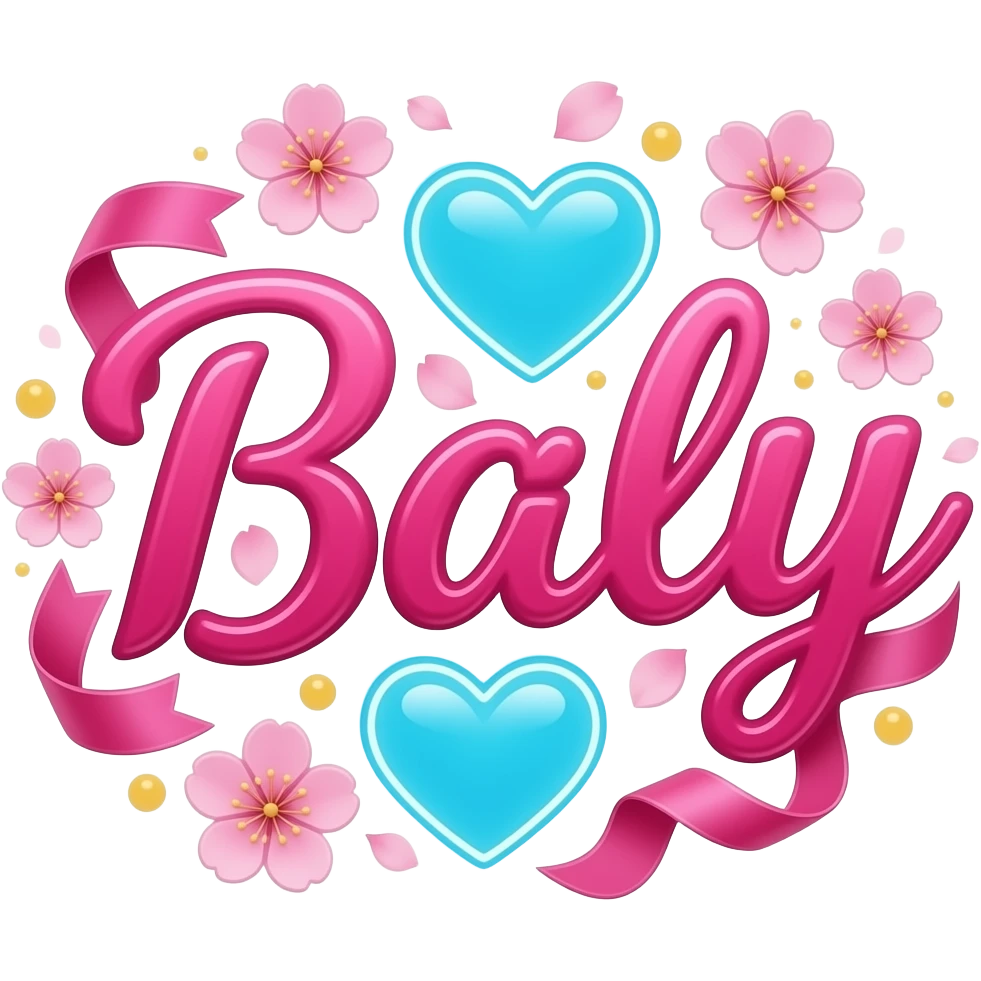 A sleek, hot pink text 'Baly' adorned with satin ribbons and glowing neon-blue hearts. Surrounded by floating cherry blossom petals and golden bokeh. Vibrant, modern, and feminine with a cinematic glow emoji