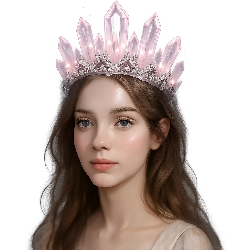 Change the crystal crown to be made of faceted clear and light pink crystals, with silver accents and a magical glow. Keep the background transparent. emoji