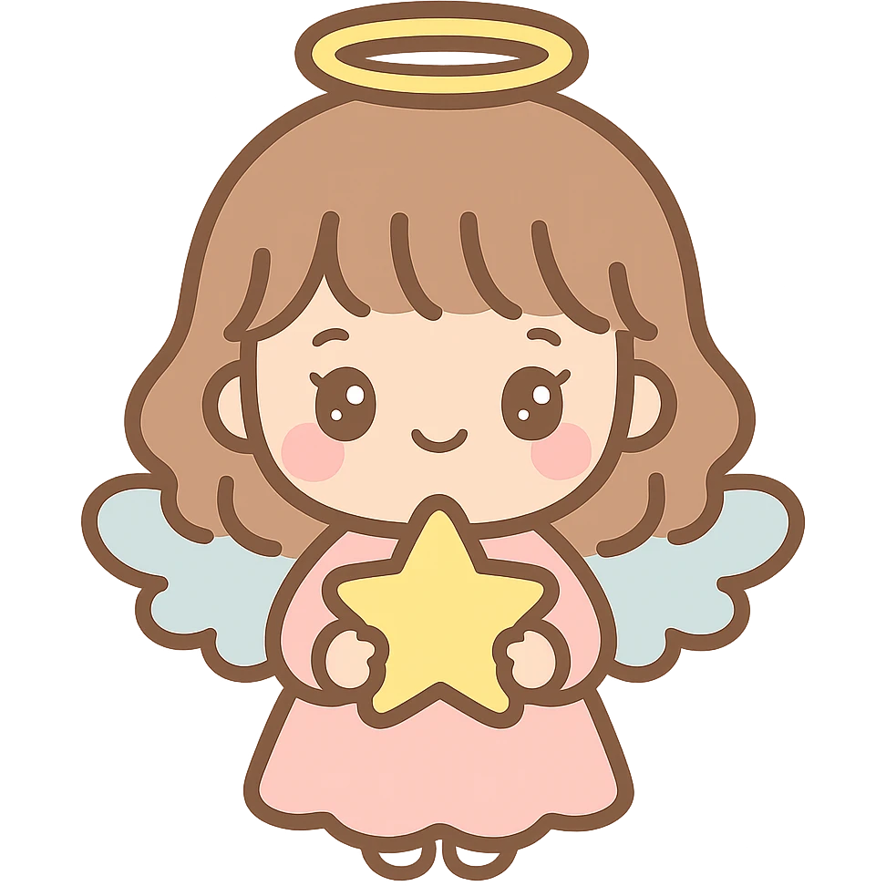 cartoon brown haired girl with bangs and lashes, angelic outfit, holding a star, radiant halo, soft pastel colors emoji