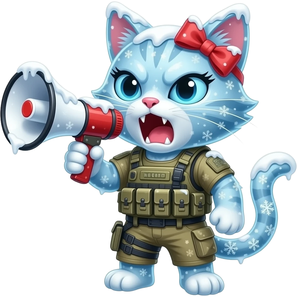 a sleek pretty cat made from ice snow & snowflakes and covered from frost. the cat is wearing a bow on head, frost-covered modern warfare gear & using a megaphone to yell. the cat has long eyelashes & pink claws & furious snarling outraged expression emoji