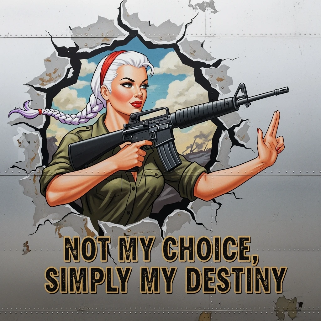 a retro military pinup fuselage decoration for the motto " not my choice, simply my destiny "
the female figure in the pinup image wears a single white braid with lavender tips, breaching, m4a1, "move" handsignal emoji