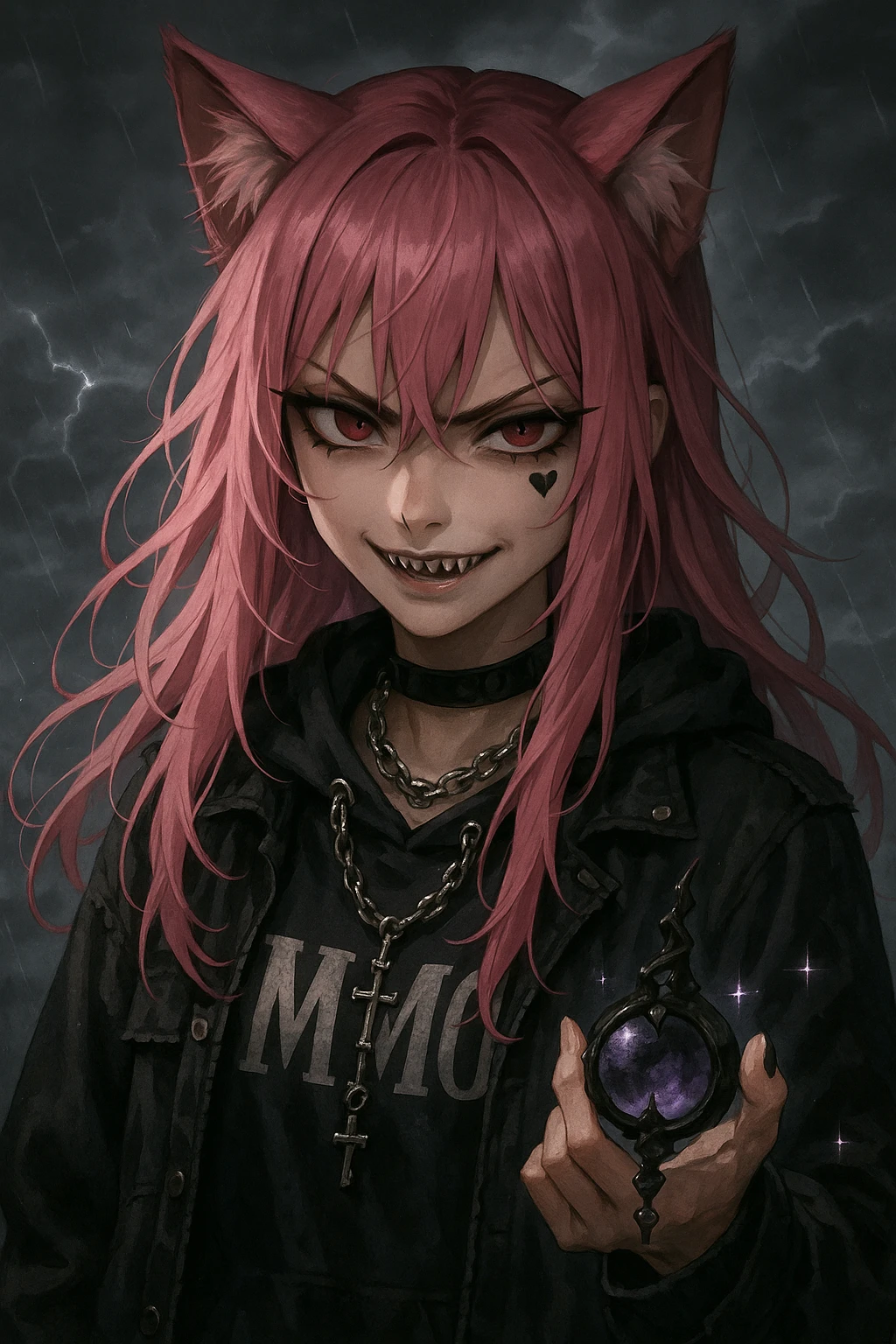 realistic anime catgirl with pink hair, emo streetwear, heart tattoo under left eye, dark magical accessory, sparkles, stormy background, villainous scary expression with smirk and sharp eyes emoji