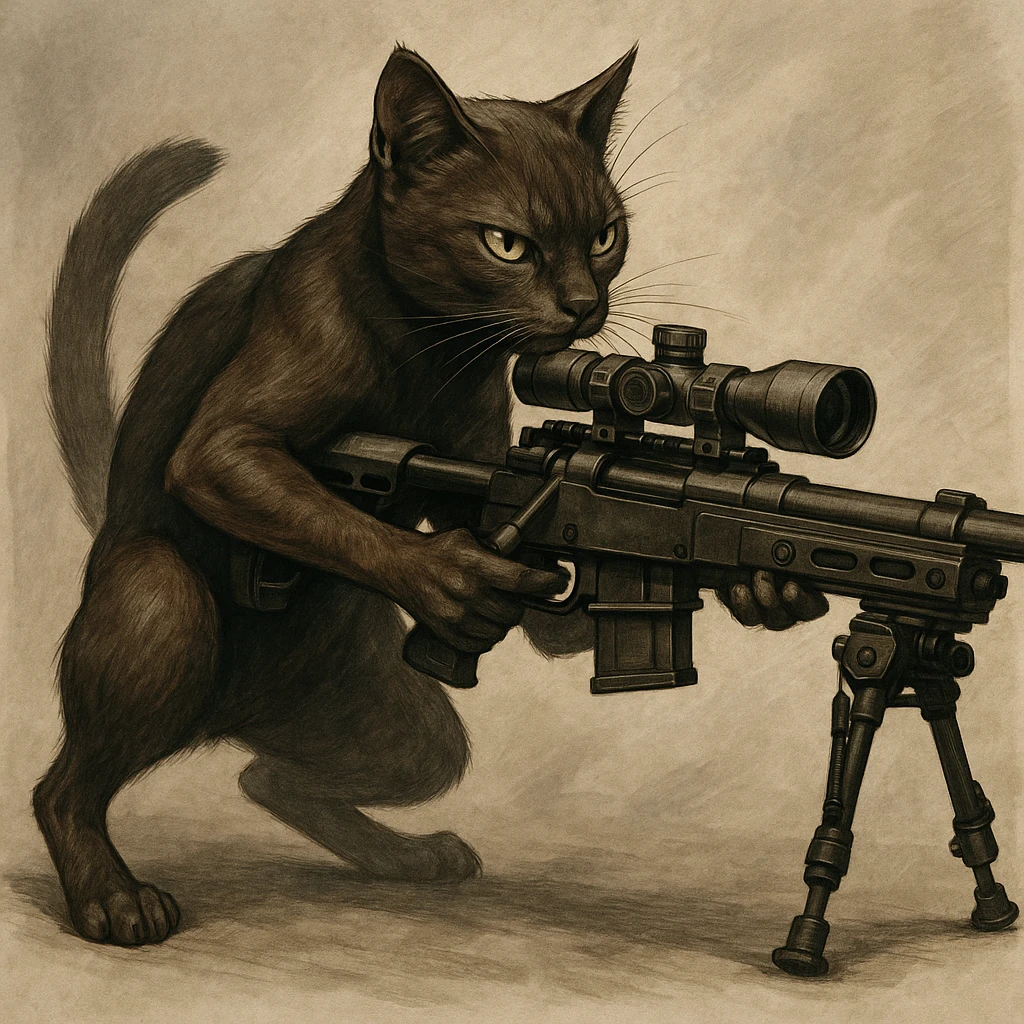 a cat holding a sniper rifle, detailed, dynamic pose emoji