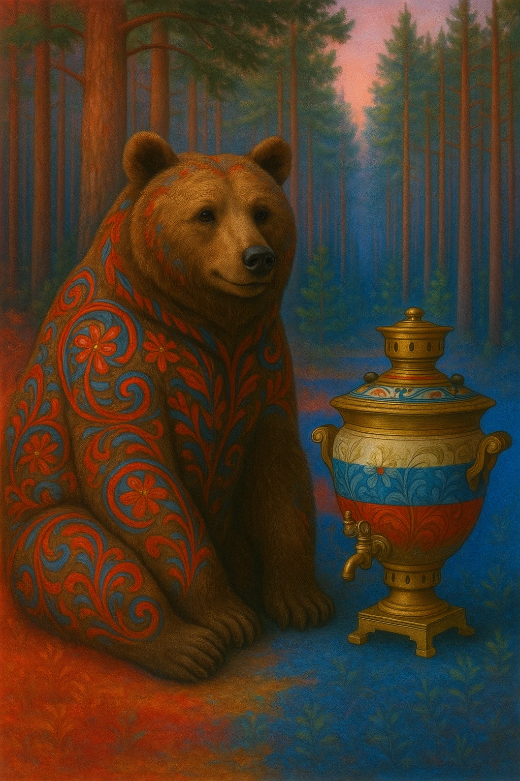 Add subtle Russian flag colors (white, blue, red) to the samovar or background, keeping the realistic style and pine forest setting. Maintain the realistic style with pine forest background and integrate the flag colors subtly on the samovar or in the background. emoji