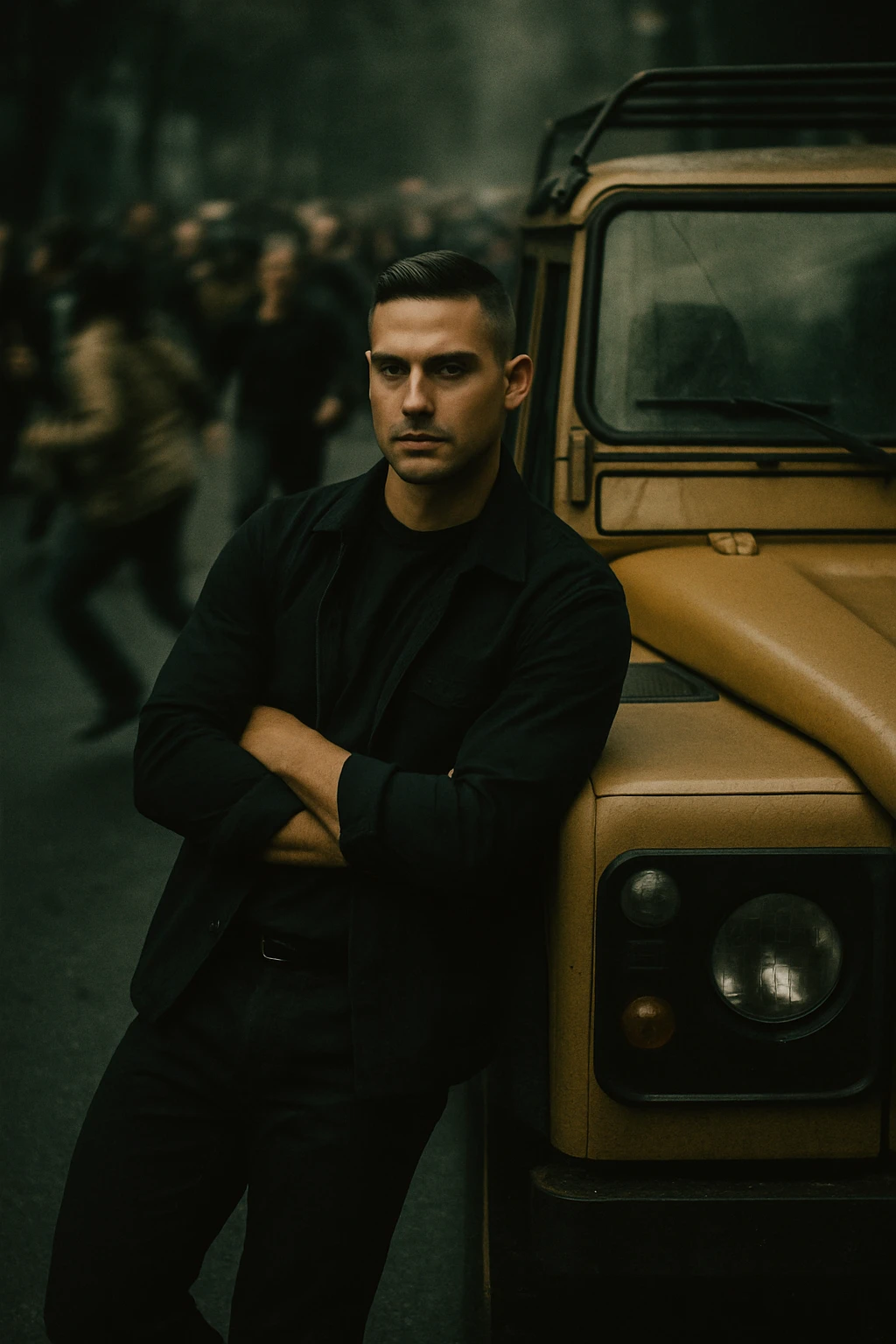 An aerial cinematic shot of me leaning against a yellow land rover defender on the street, wearing a t-shirt under a black jacket. A blurry crowd of people running around me. Gloomy lighting, 35mm film style, shallow depth of field, sharp focus on me.  emoji