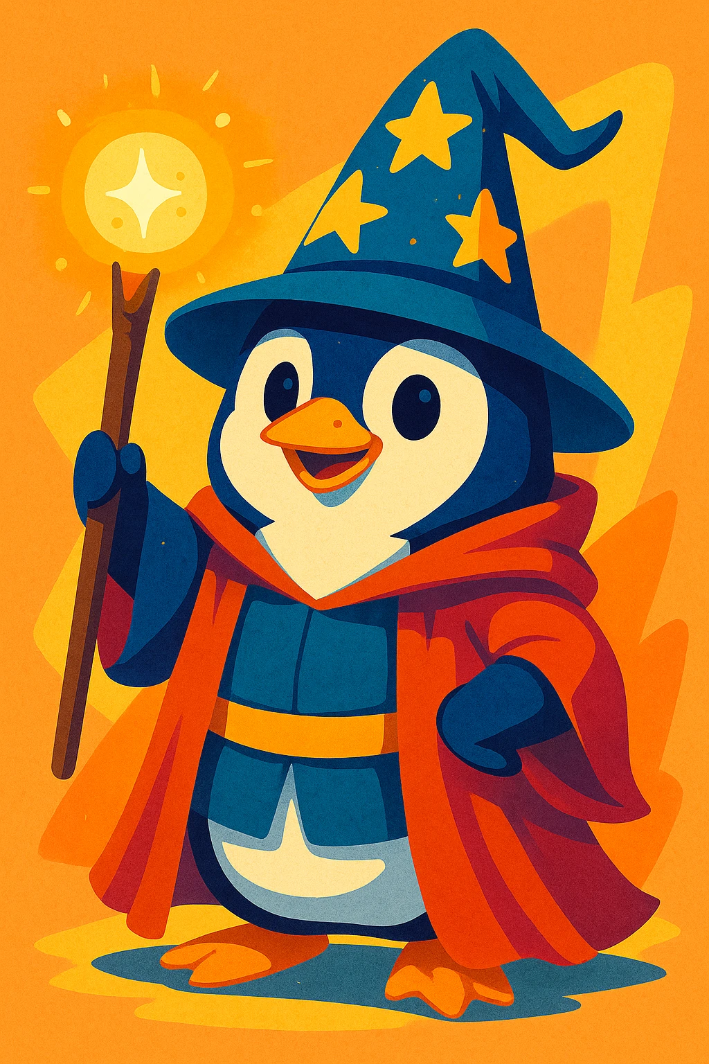 a penguin dressed as a wizard, with a pointy hat and a magic staff, in a charming, colorful style emoji