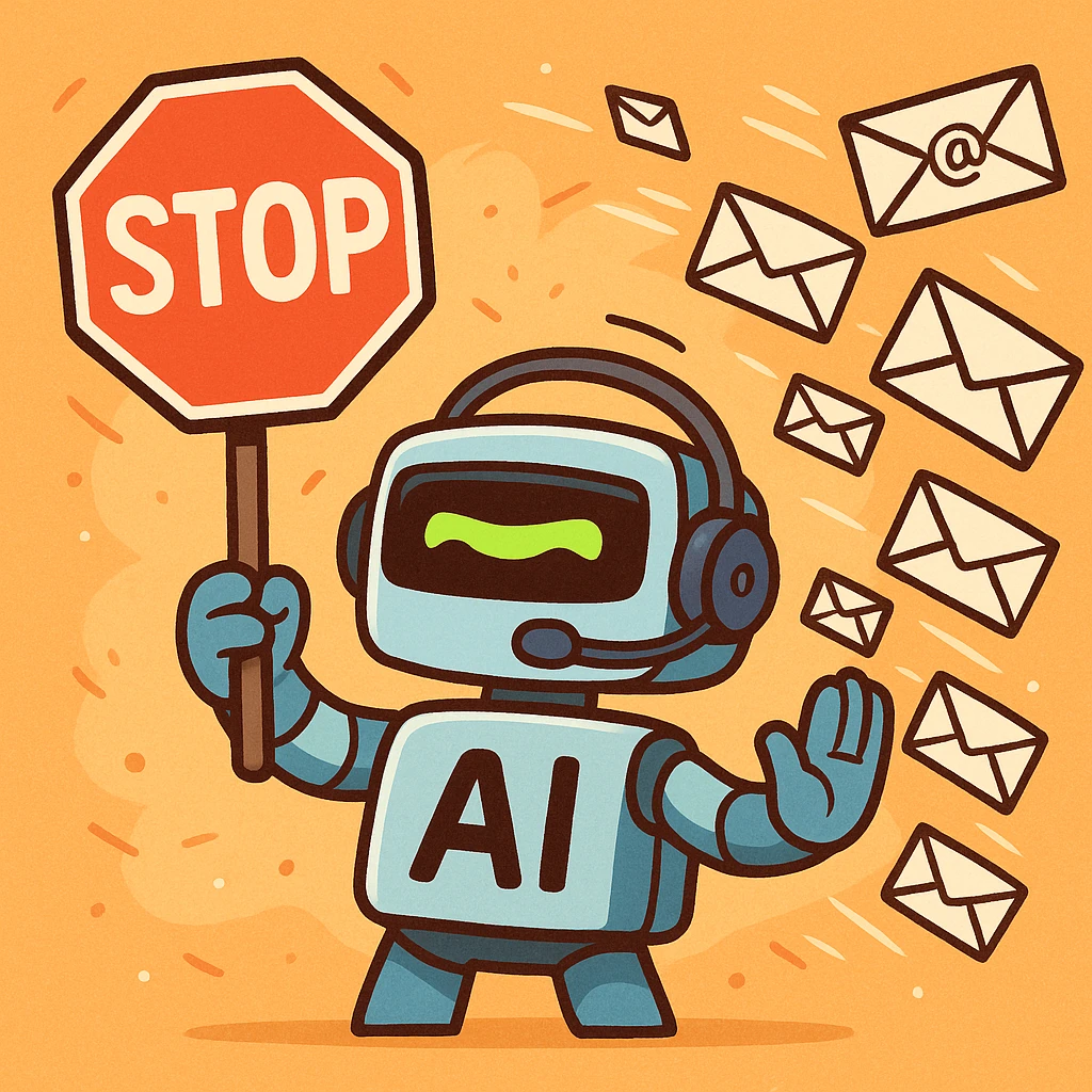 A cartoonish AI email bouncer, with a visor and headset, holding a stop sign in front of a stream of flying emails, playful and techy emoji