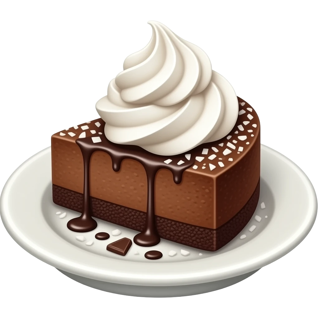 Brownie cheesecake in a plate with whipped cream on it along with dark chocolate shavings and coconut shavings emoji