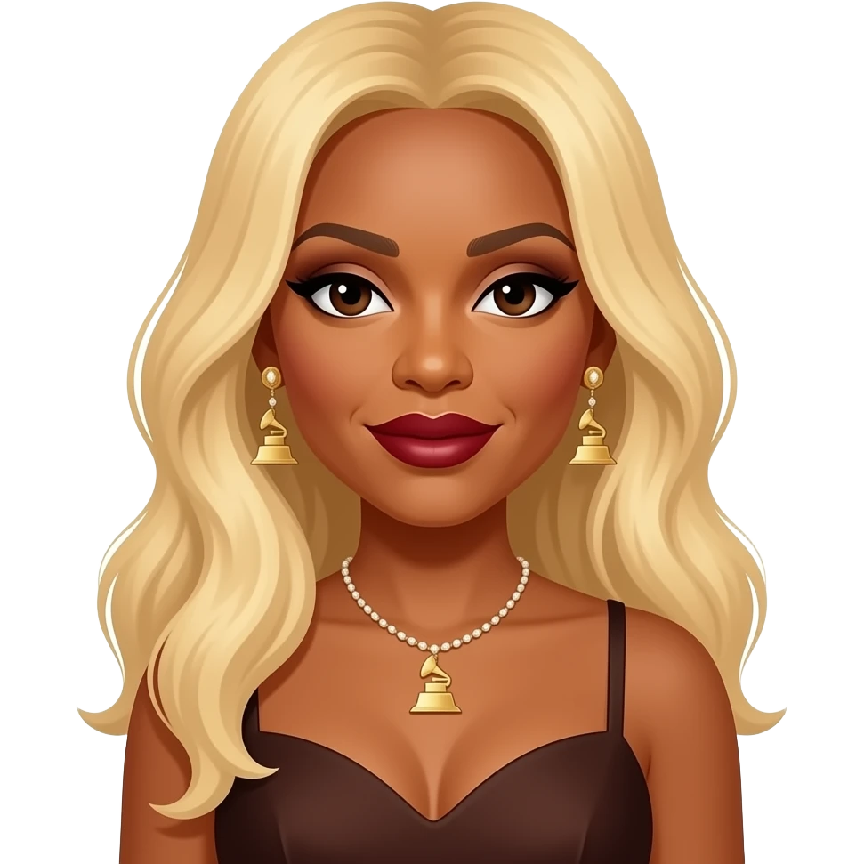 Mary J Blige with dark brown eyes, long blonde hair, dark brown eyeshadow, dark red lipstick, dark brown grammy dress, earrings and necklace emoji