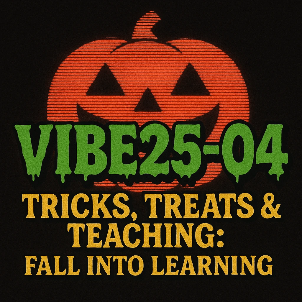 Create a logo that encompasses a retro 80's feel, nostalgic, ALSO RETRO.  Add the words "VIBE25-04: Tricks, Treats & Teaching: Fall Into Learning" emoji