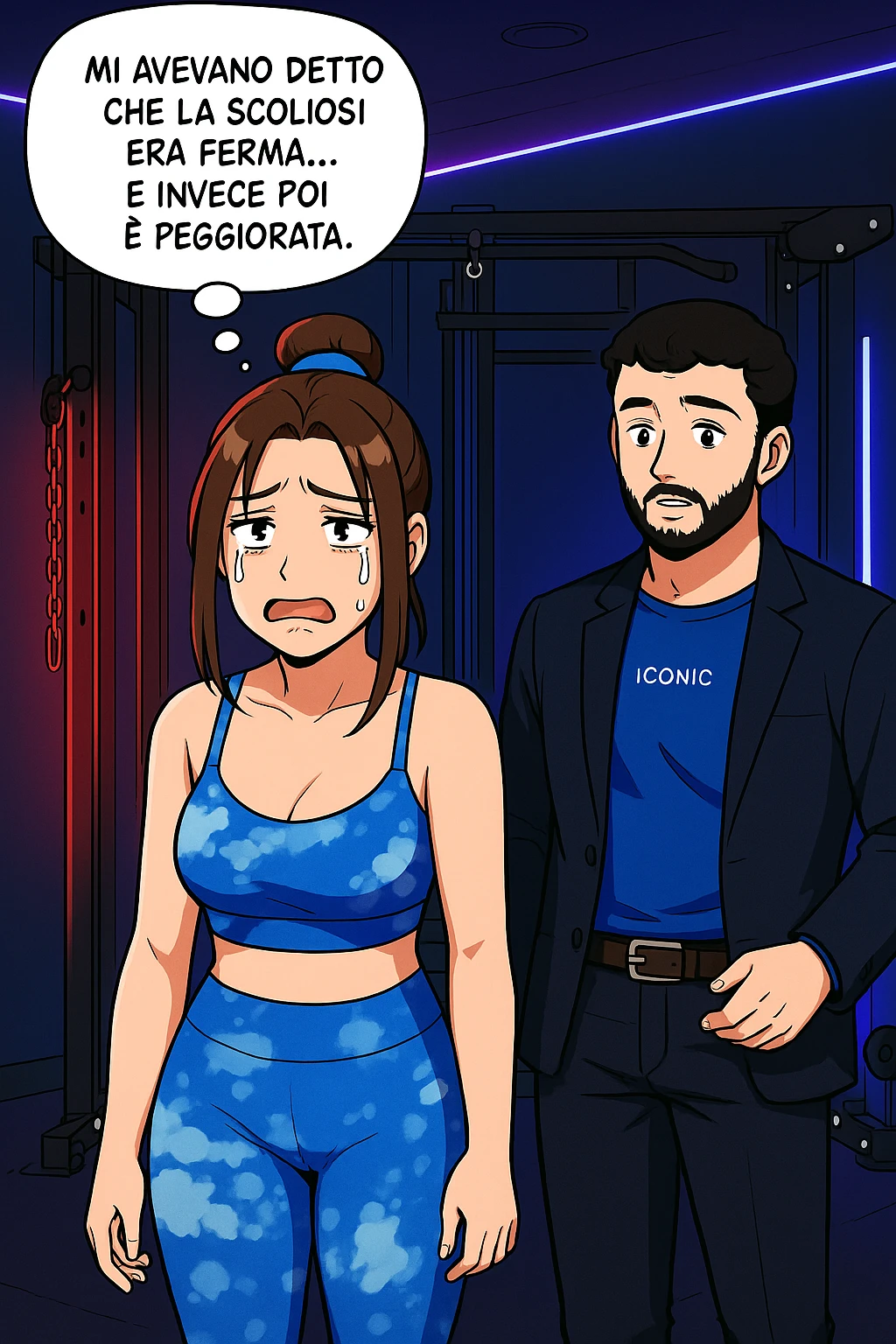 fai questa immagine in versione fumetto/manga/webtoon a colori, il manga mostra la donna disperata con un fumetto sulla testa che dice:
Mi avevano detto che la scoliosi era ferma… e invece poi è peggiorata.
 emoji
