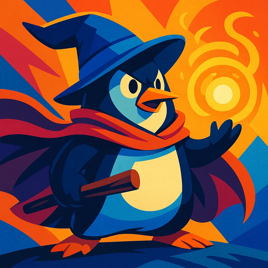 heroic penguin wizard with flowing cape, holding glowing orb, dynamic fantasy style, vibrant colors emoji