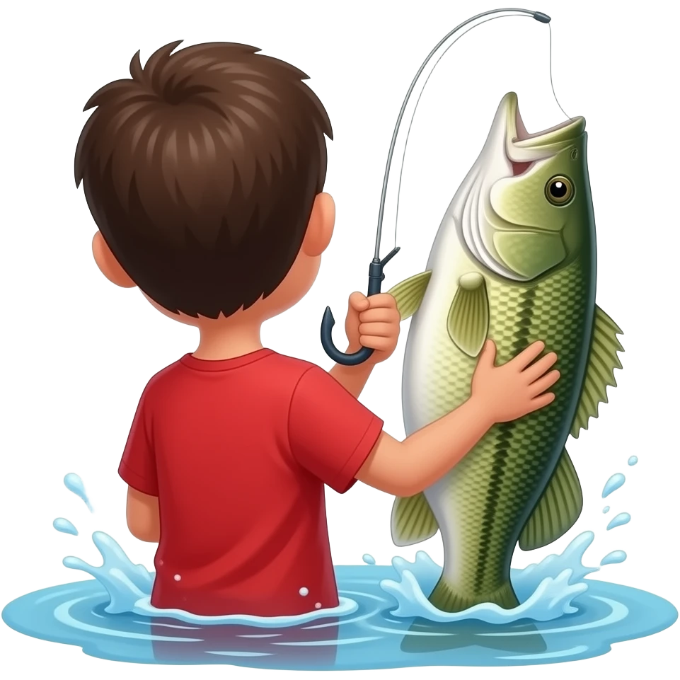 a kid facing the other way hooked into a big bass fish in the water,no hat and red shirt and bit darker skin emoji