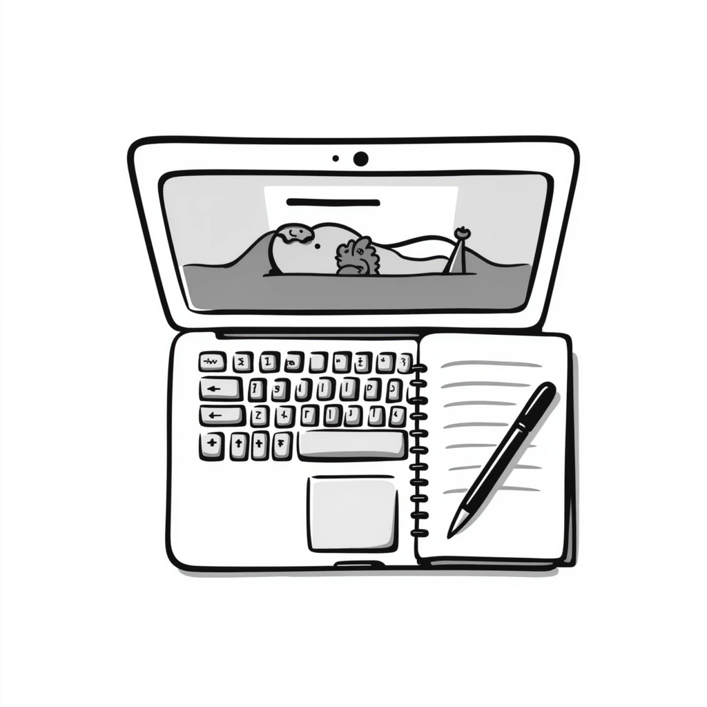 top view of a MacBook and a notebook with a pen nearby, different arrangement emoji
