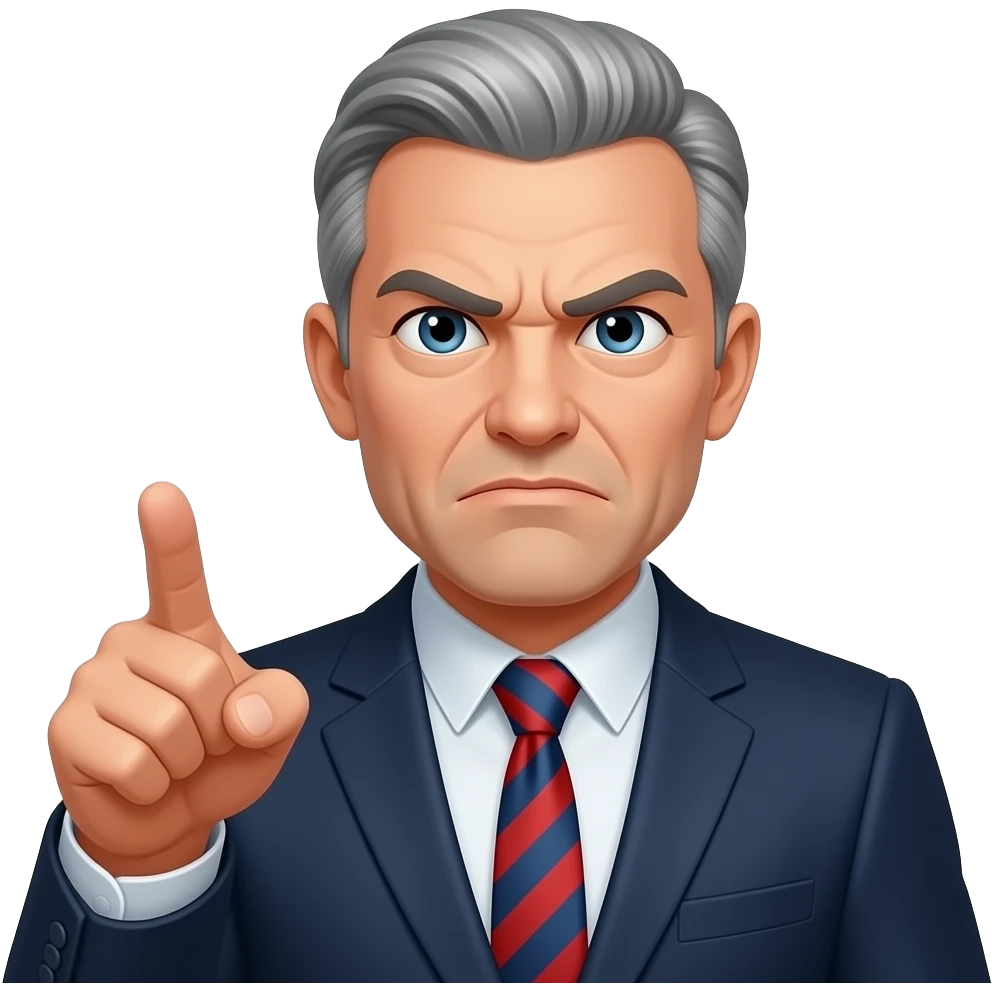 A stern frowning man, slightly gray hair, pointing emoji