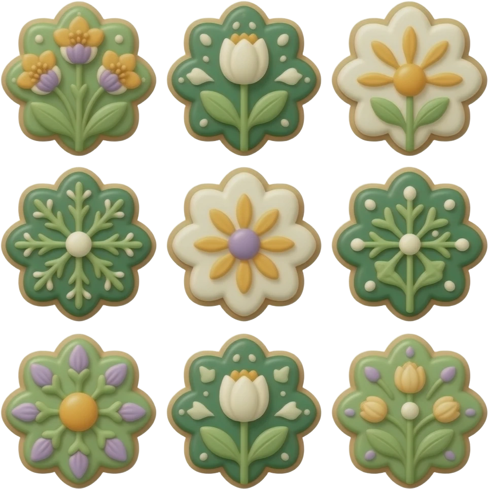 Elegant forest fairy cookies, delicate floral shapes, botanical icing, enchanted tea-time style, emerald green, amber, subtle violet accents. emoji