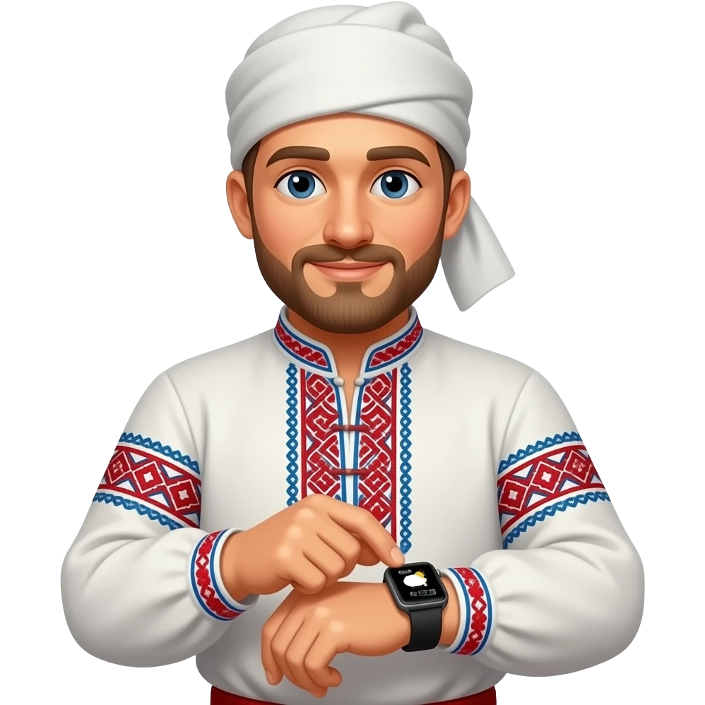 a russian peasant in national suit looking to apple watch wearing on hand for weather forecast emoji
