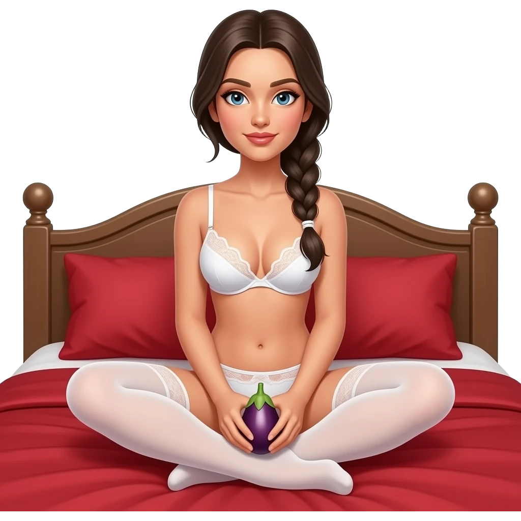 woman, in lacy white bra and thong, white hold ups, braided ponytail, sitting on red bed, holding aubergine between feet emoji