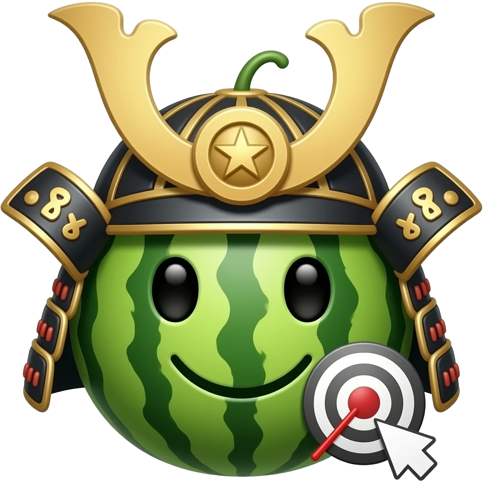 keep the emoji the same, but add a goal symbol the melon pointing to the goal, wear a sumurai style headband to show determination emoji