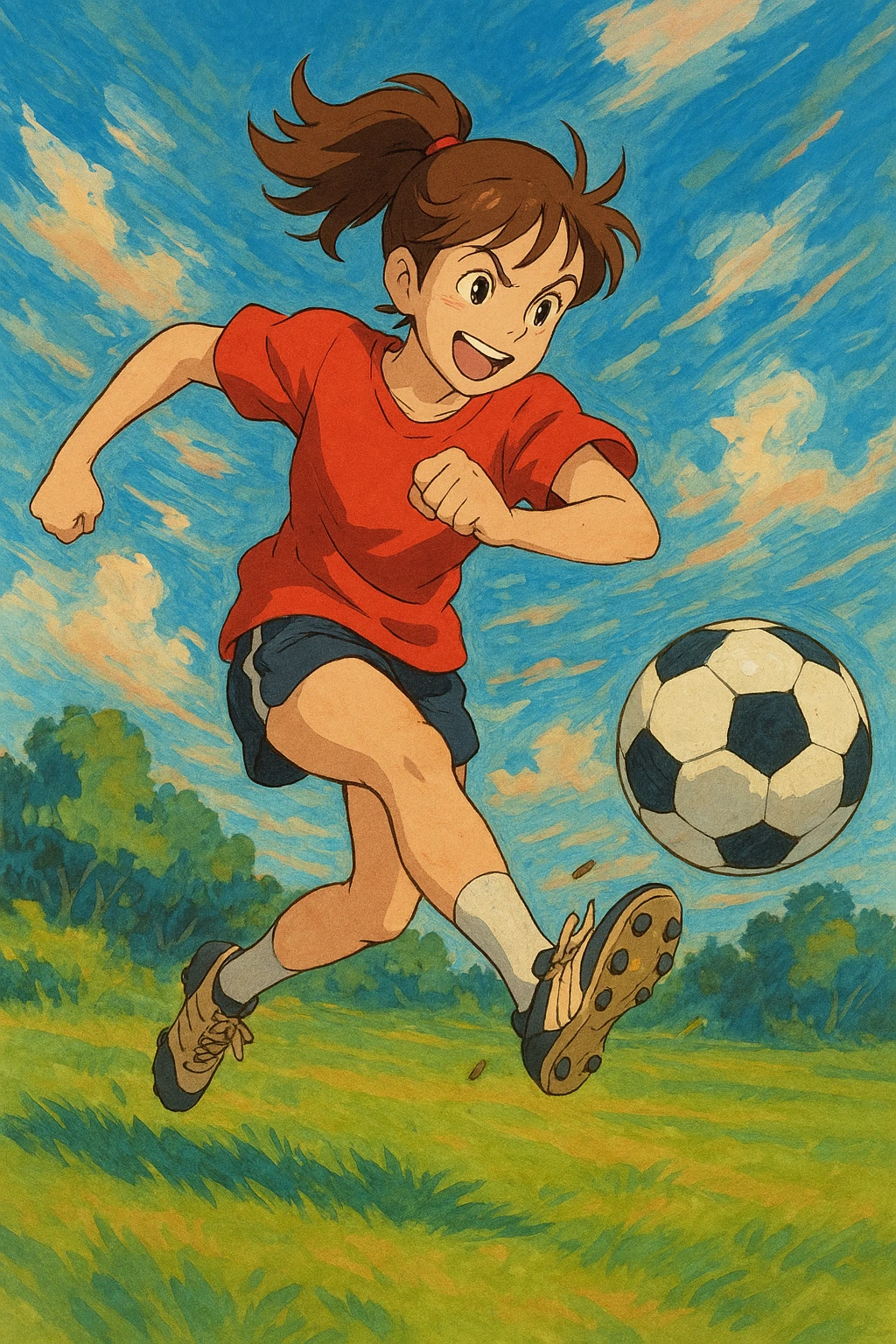 woman playing soccer, wearing a red shirt, energetic pose, clear soccer ball, dynamic action emoji