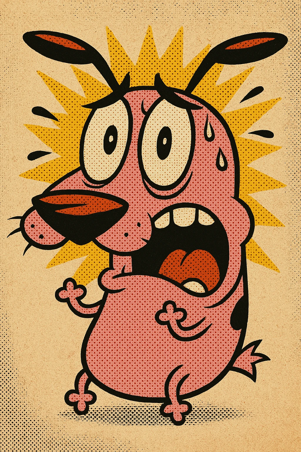 Courage the Cowardly Dog emoji, scared expression, pink dog, old school comic book cartoon style emoji