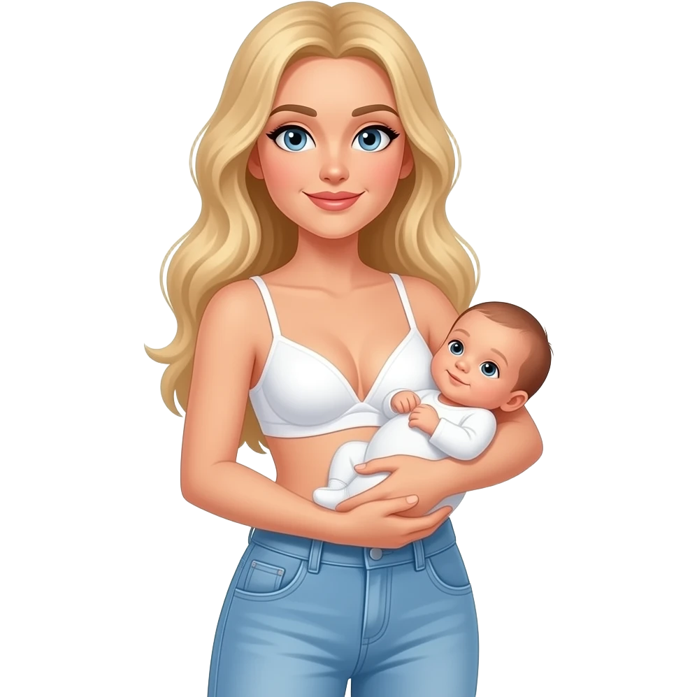 Woman with long blonde hair, and light blue eyes, wearing white bra and light blue baggy jeans with skinny body, holding newborn girl emoji