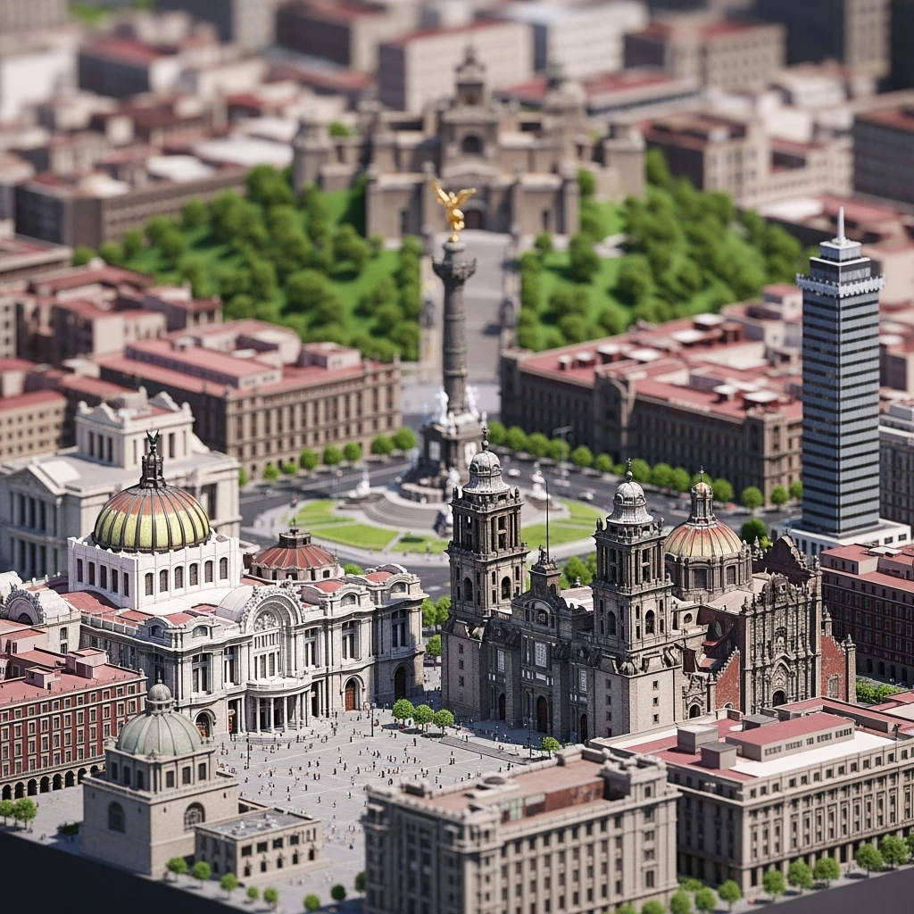 Isometric miniature of Mexico City Zócalo square with Metropolitan Cathedral, Palacio de Bellas Artes, Torre Latinoamericana, Chapultepec Castle, and Angel of Independence, atmosphere of the city 3D miniature effect and Tilt Shift effect, no cartoonish look, transparent background. emoji