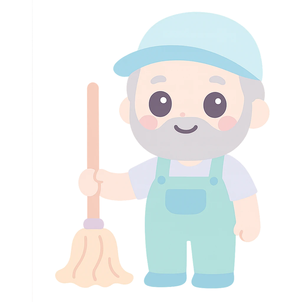 friendly janitor with gray beard and hair, holding a mop beside him, clear and friendly illustration style emoji