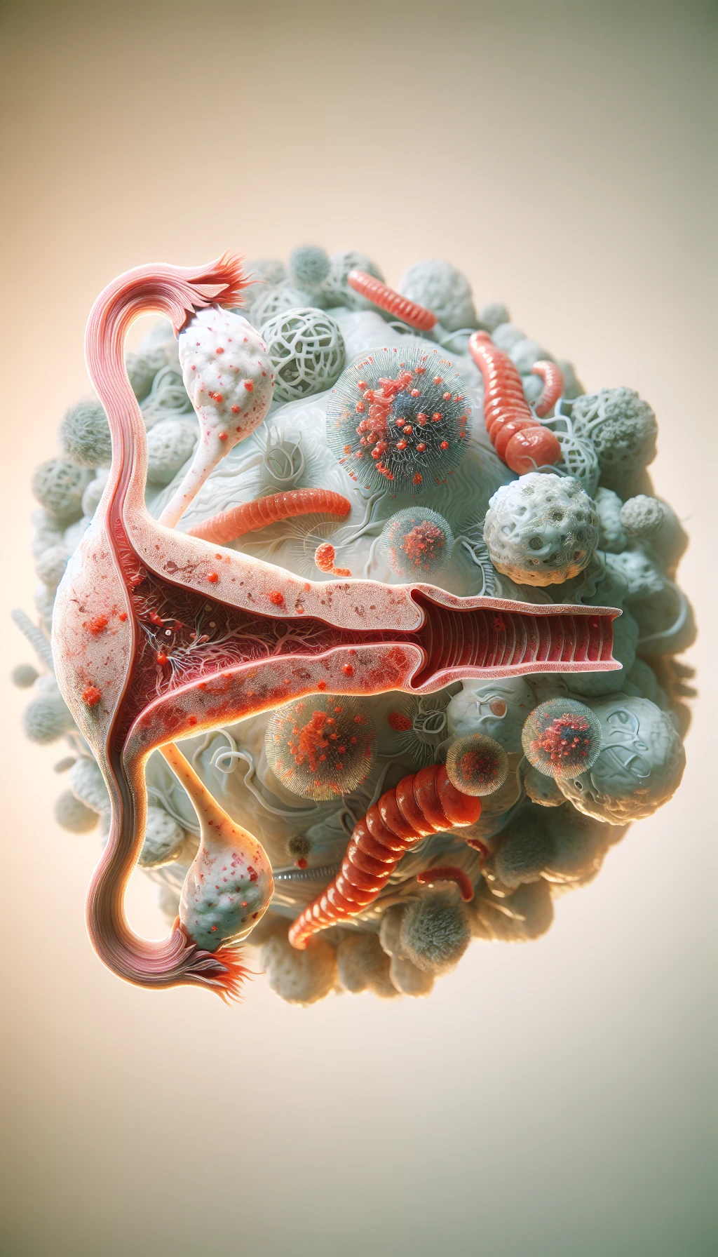 corpo umano anatomico con batteri come la candida nell'utero, sfondo neutro chiaro, iperrealistico 4k emoji