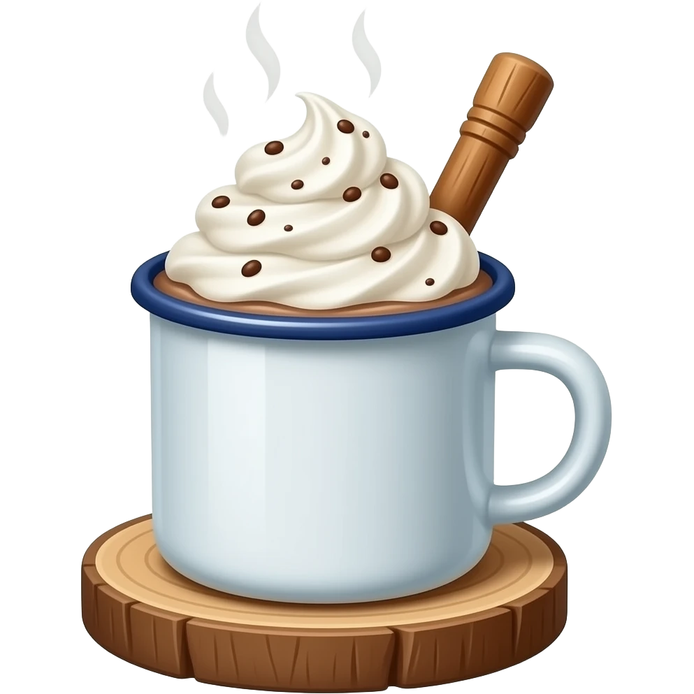 enamel camp mug with hot cocoa and whipped cream emoji