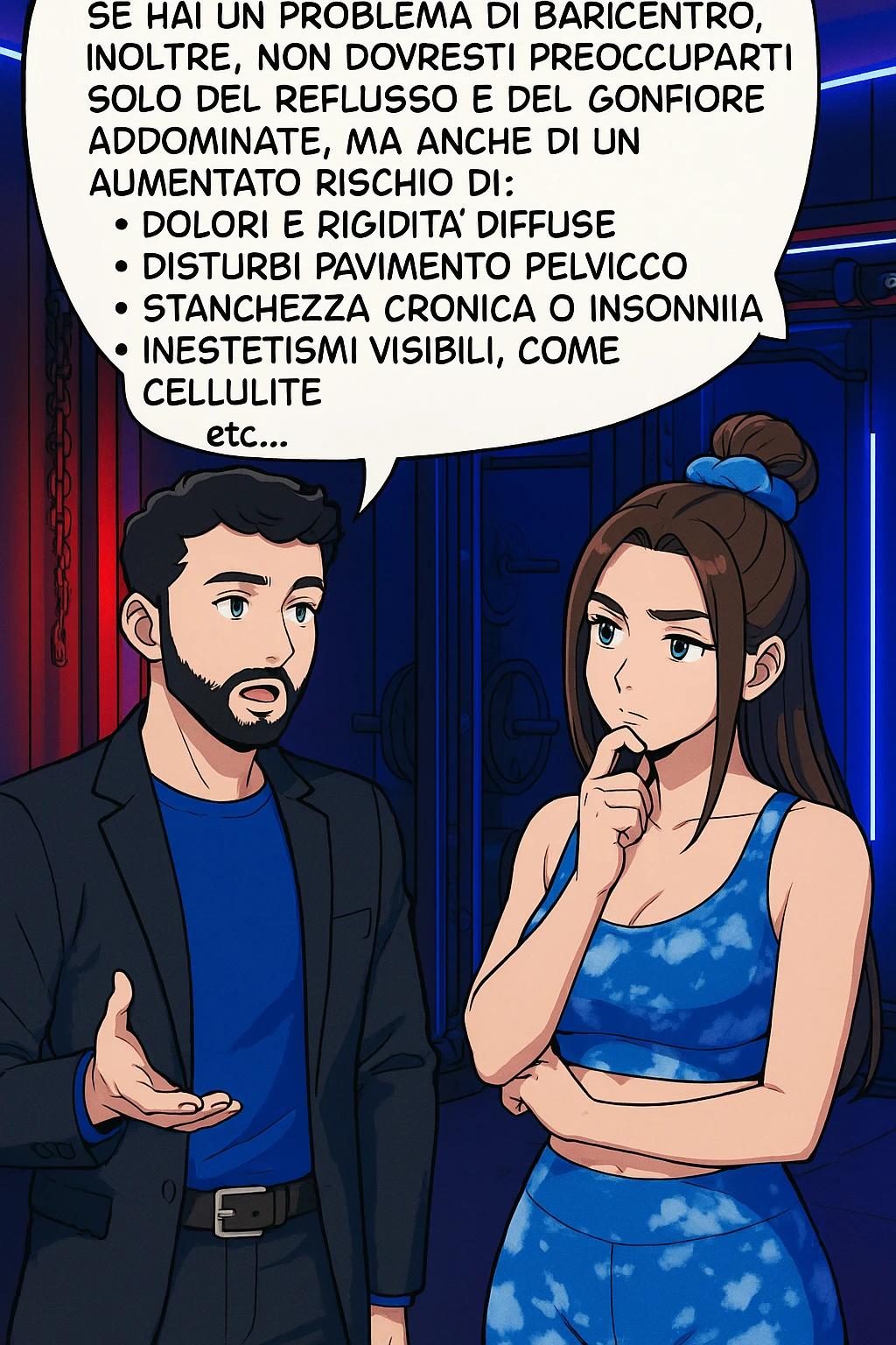 TRASFORMA QUESTO CAROSELLO IN UN FUMETTO STILE WEBTOON/MANGA A COLORI CON QUESTE DUE PERSONE IDENTICHE CHE INTERLOQUISCONO TRA LORO, L'uomo sta spiegando alla donna questo concetto MENTRE LA DONNA SI TIENE L'INDICE SUL MENTO ASCOLTANDOLO PENSIEROSA:

Se hai un problema di baricentro, inoltre, non dovresti preoccuparti solo del reflusso e del gonfiore addominale, ma anche di un aumentato rischio di:
    • dolori e rigidità diffuse
    • disturbi pavimento pelvico
    • stanchezza cronica o insonnia
    • inestetismi visibili, come celluluite
    • etc… emoji