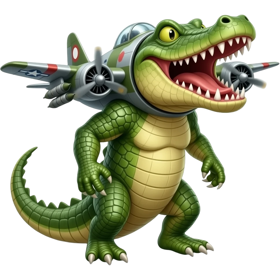 Surreal hybrid creature: a crocodile fused with a military bomber plane — green scaly body, metal wings, jet engines, and missiles. Aggressive grin, cartoon-realistic style, cinematic lighting. emoji