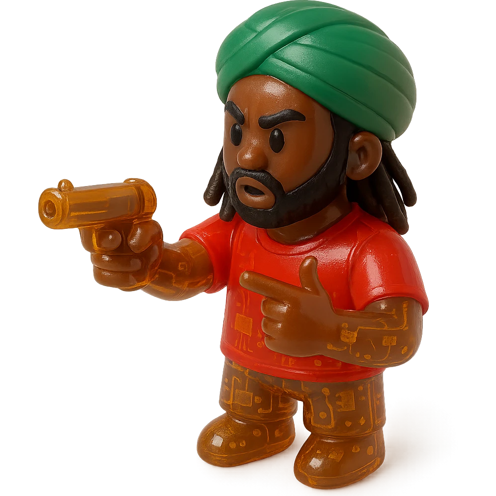 Brownskin man with long brown dreadlocks 
red t-shirt 
green turban 
expression is pointing a a gun emoji