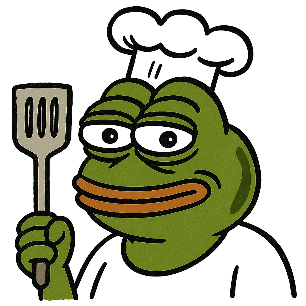 Pepe the Frog wearing a chef hat and holding a spatula, meme style emoji
