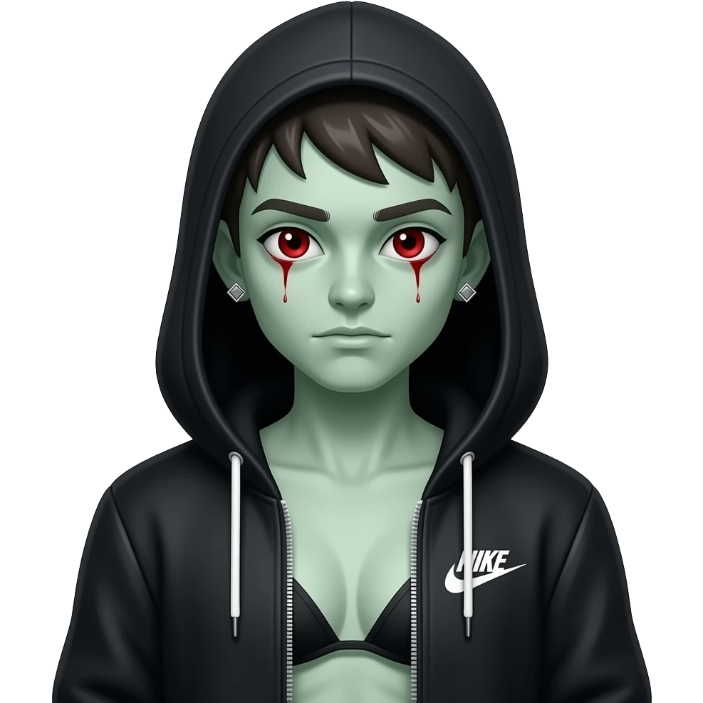 izombie boy with a with c cups, pale green skin, black nike tech, hoodie and red bloody eyes and square diamond stud earrings and the hoodie over his head emoji