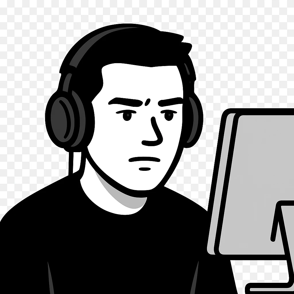 A tech enthusiast with headphones, a focused expression, and modern style, looking at a screen emoji