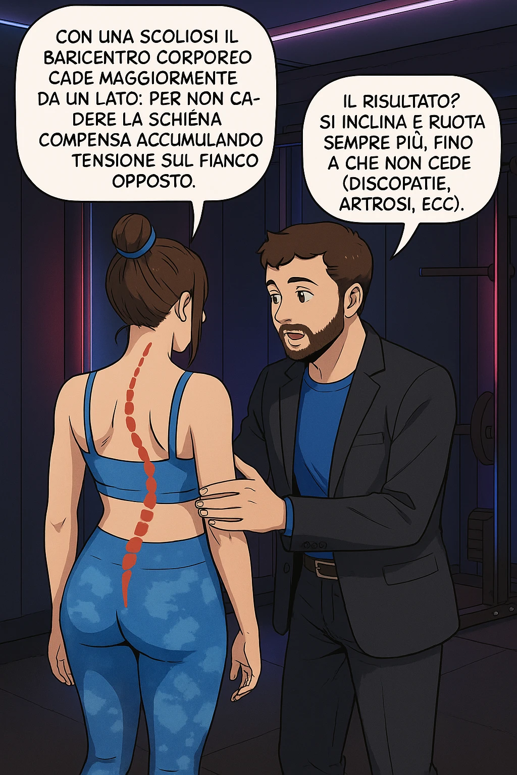 fai questa immagine in versione manga/webtoon a colori, il manga mostra la donna di spalle, mentre l'uomo le tocca la spina dorsale per spiegarle come funziona la scoliosi:
Con una scoliosi il baricentro corporeo cade maggiormente da un lato; per non cadere la schiena compensa accumulando tensione sul fianco opposto.
Il risultato? Si inclina e ruota sempre più, fino a che non cede (discopatie, artrosi, ecc) emoji