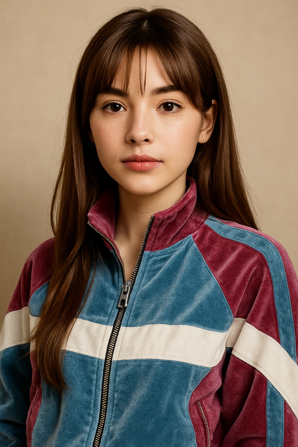 Y2K aesthetic: girl with fair skin, long straight light brown hair, curtain bangs, dark brown almond-shaped eyes, trendy Y2K jacket, detailed, trendy, realistic portrait emoji