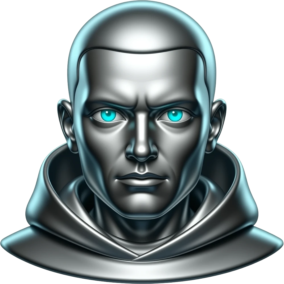 "A polished chrome monk statue head, front-facing, serious focused expression, glowing cyan (#00D4B1) eyes, dark background. Metallic reflections with subtle cyan light accents. Clean, no background, emoji style, high detail. The statue represents discipline, focus and self-mastery." emoji