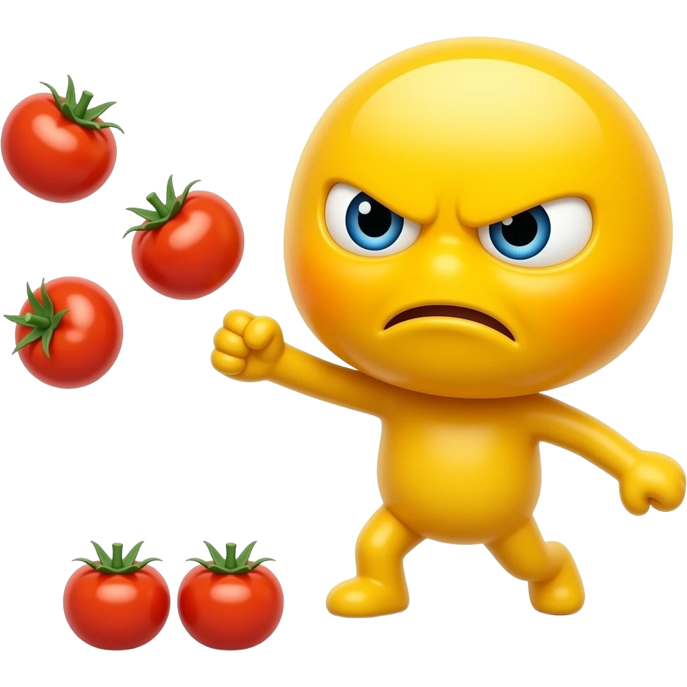 Yellow smiley throwing tomatoes towards screen in a mean way like bashing someone emoji