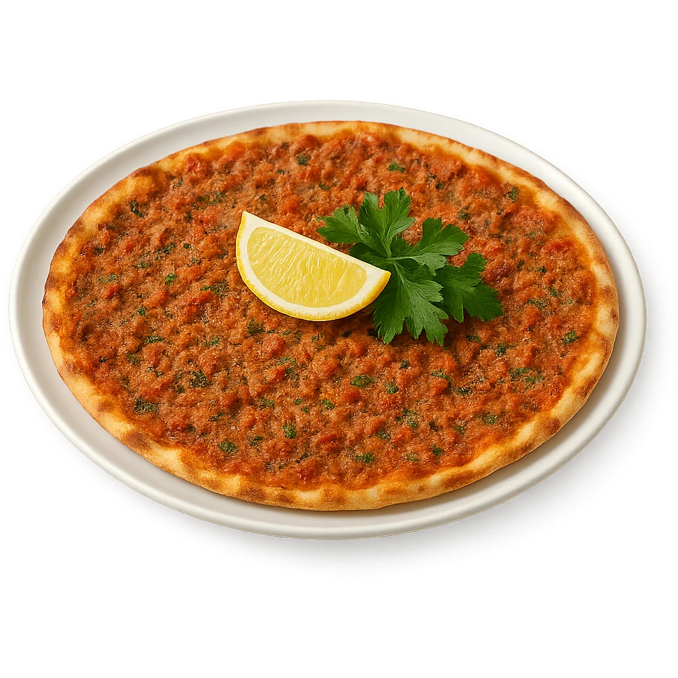 Turkish lahmacun with minced meat and herbs on a plate, clean background emoji