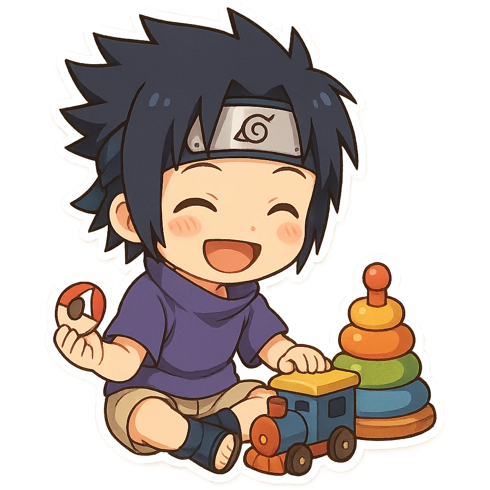 Kid Sasuke, playing with toys with a bright smile, adorable chibi sticker, innocent version of Sasuke emoji