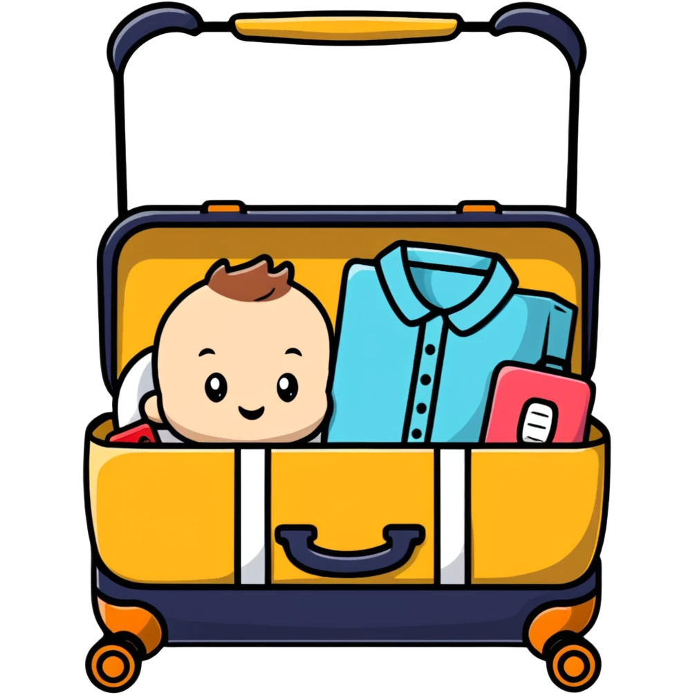 Baby travel suitcase with baby items peeking out emoji