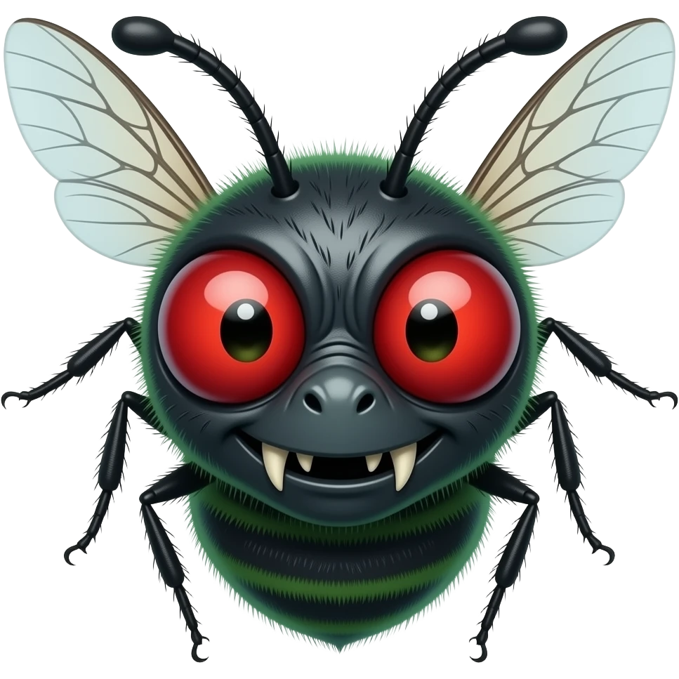 Creepy fly-man villain emoji, bulging red compound eyes, small sharp fangs, dark green/black skin, tiny insect hairs, semi-transparent wings behind head, mischievous evil grin, glossy emoji style, soft lighting, centered face only, clean background, high detail, slightly disgusting but playful emoji