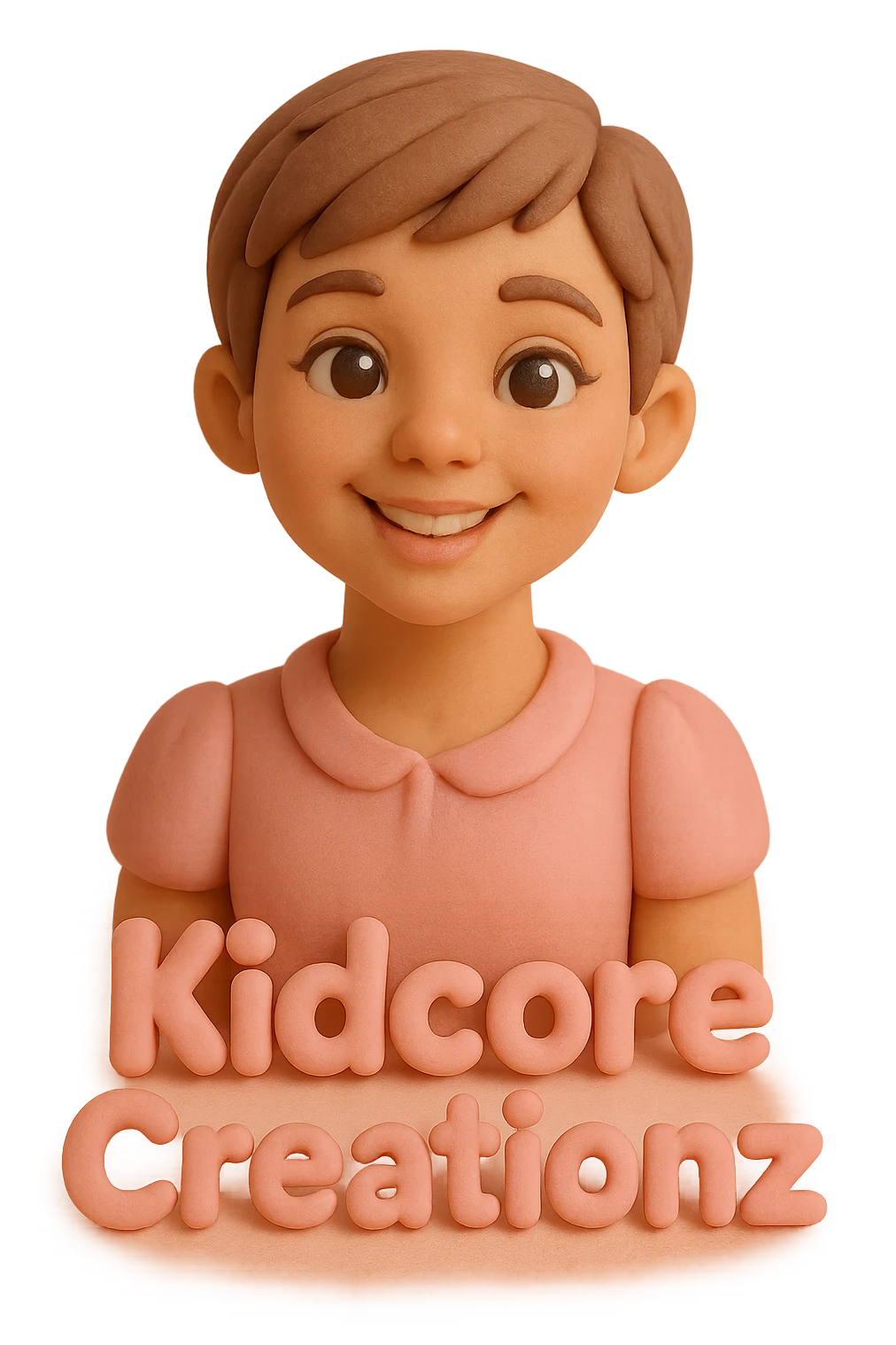 Lightskin girl with a pixie cut
pink blouse
brown eyes
expression is smiling
Add the word Kidcore Creationz in Pink emoji